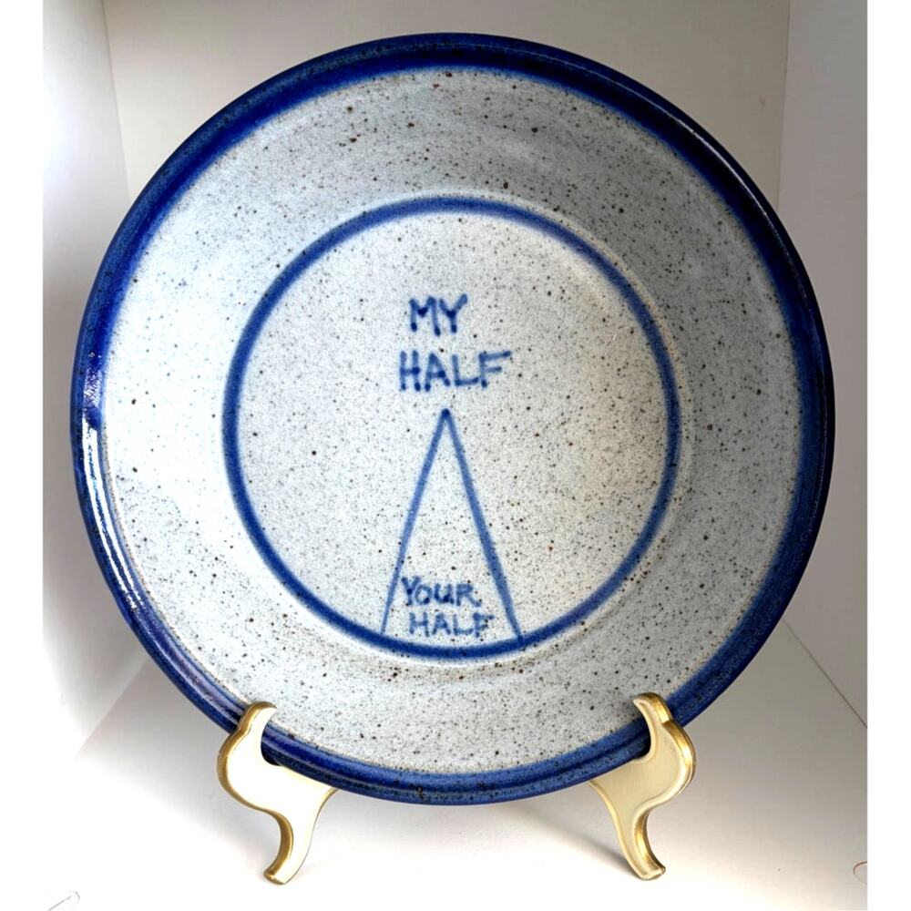 Stoneware, studio, pie baking dish, "My half", signed, 9.5"
